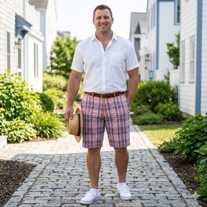 Linea Uomo Men’s Plaid Seersucker Shorts Size 38 Coral and Blue